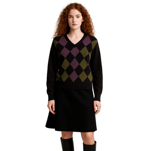 LOCHCARRON Scotland Size 40 Argyle Unisex Purple Green V-Neck Sweater